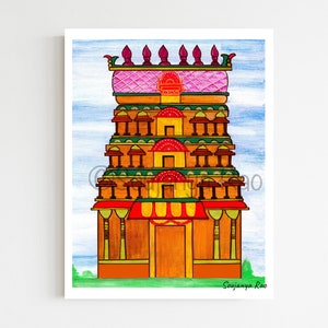 Gopuram, Temple painting, Indian painting, Indian art print, South Indian painting, Hindu temple