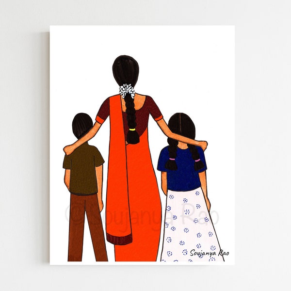 Mothers day gift, mother children art print, Motherhood, South asian art, Indian Art print, South indian art, woman art Indian painting