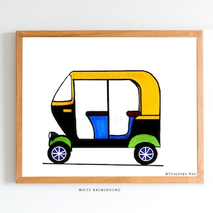 May include: A framed illustration of a colorful auto rickshaw. The vehicle is black with a yellow roof, blue seats, and green accents. The wheels are blue with white star designs. The artwork is set against a white background.