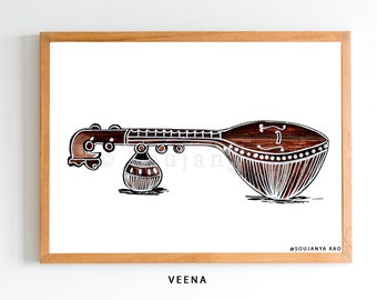 Indian Art, Saraswati Veena Sitar, South Indian Musical instruments, Musical instrument, indian painting,Music art print, Indian wall art