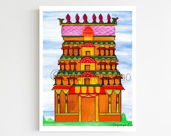 Gopuram Art Print, South Indian Temple Painting