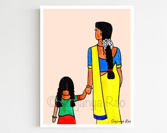 South asian art, Tamil Girls Poster, mom daughter art print, tamil, Indian Art, South indian art, Mothers day gift, Indian art