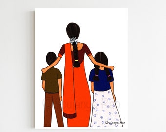 Mothers day gift, mother children art print, Motherhood, South asian art, Indian Art print, South indian art, woman art Indian painting