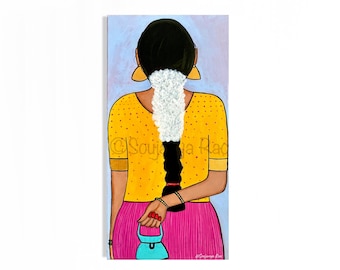 Indiase kunst aan de muur, Zuid-Indiase vrouw schilderen, Zuid-Indiase schilderkunst, Tamil Girl, Zuid-Aziatische kunst, Jasmine girl schilderij, India kunst, Indiase schilderkunst