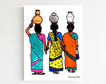 Woman carrying water, South asian art,Indian woman carrying pots painting, Indian woman print, tamil, Indian Art, Indian art, Indian poster