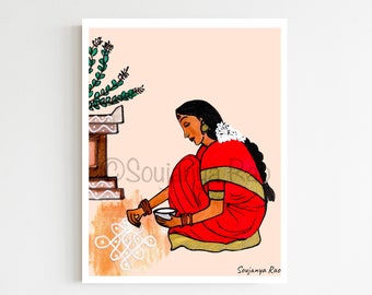 South asian art, kolam, South indian Making Kolam, Tamil Girl Poster, Indian Art, South indian art, home decor, Indian woman art, Indian art