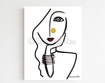 Wondering woman, Minimal Abstract Art, South Asian art, Face, Abstract Faces line Art, Abstract Expressionist Art, Modern line art