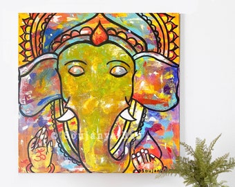 抽象的なガネーシャの絵画、カラフルなヒンドゥー教の壁アート（24インチ×24インチ）