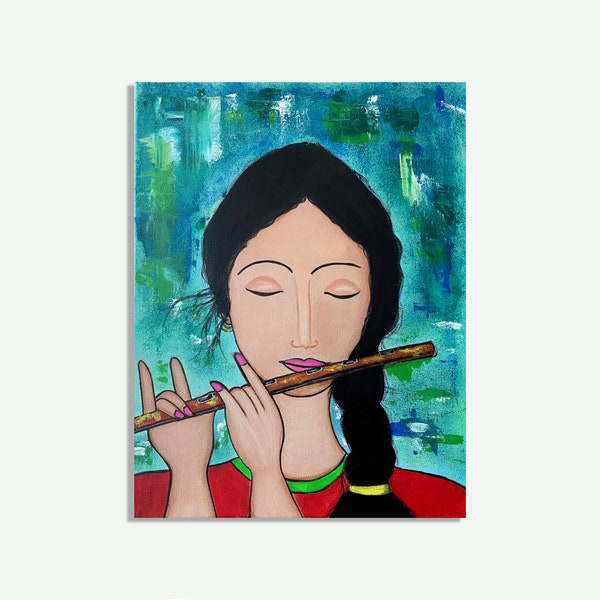 Flute pIayer, flute painting, indian art, Indian painting, Indian musicians art, indian abstract painting,Indian wall art, south asian art