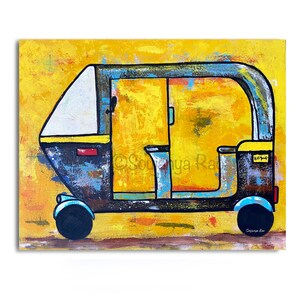 May include: An abstract painting of a yellow and blue auto rickshaw against a textured yellow background. The artwork features bold outlines and a stylized design, with black wheels and a white windshield. The painting is signed by the artist.