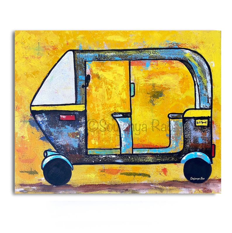 May include: An abstract painting of a yellow and blue auto rickshaw against a textured yellow background. The artwork features bold outlines and a stylized design, with black wheels and a white windshield. The painting is signed by the artist.
