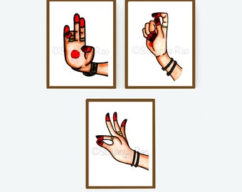 Bharatanatyam Art Print SET OF 3, Bharatanatyam Mudras,Indian Dancers,Kathak, Indian art, Indian Paintings, wall art, Indian Dancer painting