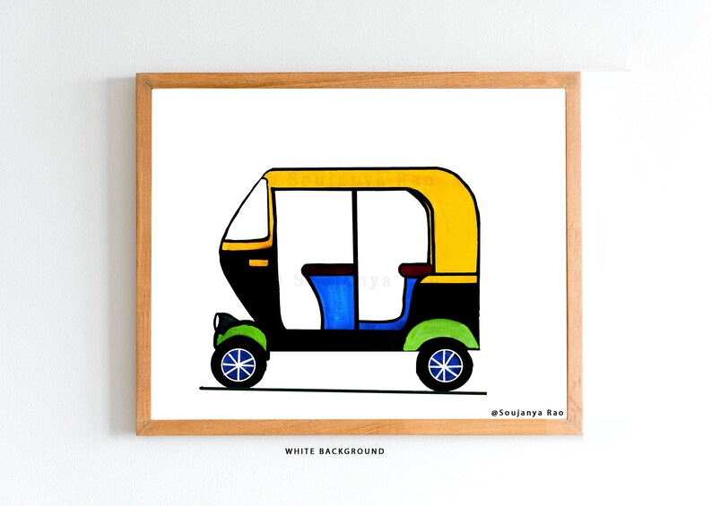 May include: A framed illustration of a colorful auto rickshaw. The vehicle is black with a yellow roof, blue seats, and green accents. The wheels are blue with white star designs. The artwork is set against a white background.