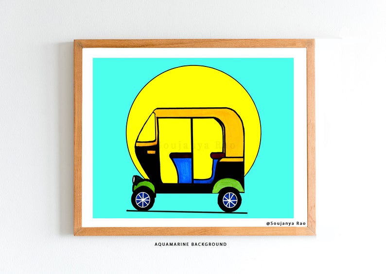 May include: A framed print featuring a colorful illustration of an auto rickshaw, or tuk-tuk, set against a bright aquamarine background. The vehicle is black and yellow with blue seating, and a large yellow sun shape is behind it.