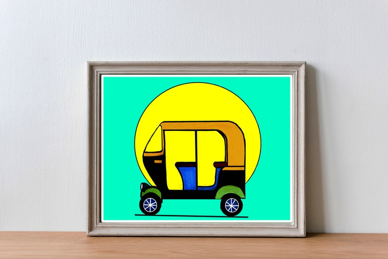 May include: Framed art print featuring a colorful illustration of an auto rickshaw. The vehicle is black, brown, blue, and green, set against a bright turquoise background with a yellow sun. The artwork is in a silver frame.