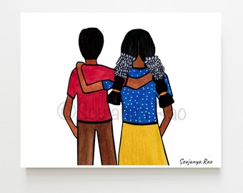 South asian art, brother sister, Jasmine, South indian art, Minimalist indian art, Desi art, home decor, Indian woman art, Indian art