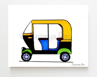 May include: A colorful illustration of an auto rickshaw, featuring a yellow roof, black body, and blue and green accents. The artwork includes the artist's signature and is set against a white background.