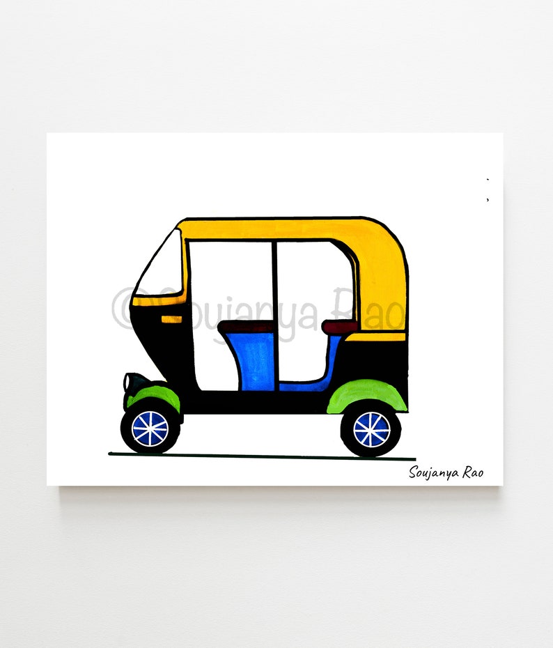 May include: A colorful illustration of an auto rickshaw, featuring a yellow roof, black body, and blue and green accents. The artwork includes the artist's signature and is set against a white background.