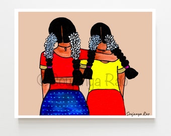 South asian art, Sisters, Jasmine, South indian art,Tamil girls, Minimalist indian art, Desi girls, home decor, Indian woman art, Indian art