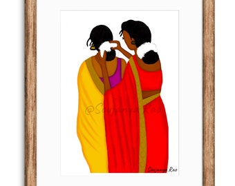 South asian art, sisters,friends, Jasmine, Southindian art, Indian print, tamil, Minimalist indian art,Desi girls,Indian woman art,