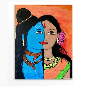 May include: A split-face painting depicts a blue-skinned figure and a brown-skinned figure, each with distinct features. The blue figure has a serpent necklace and dark hair. The brown figure wears a nose ring and a pink flower. The background is orange.