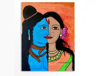 Shiva Parvati painting, ardhanarishvara, Shiv Shakti painting, Shiva painting, Indian painting, Indian wall art, Hindu god, indian decor