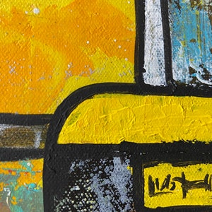 May include: Abstract acrylic painting with a textured yellow background and black outlines. The artwork features a yellow shape with a black border, and a small rectangular area with a signature. The painting has a modern, graphic style.