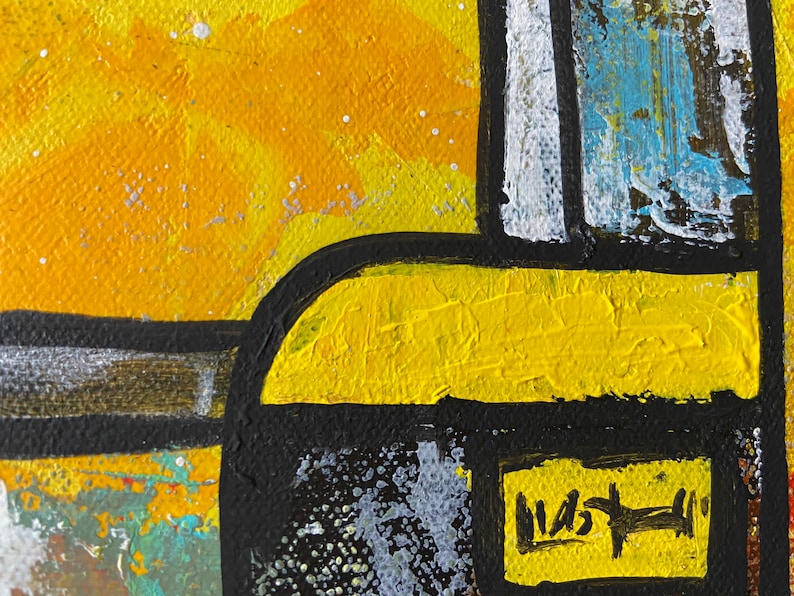 May include: Abstract acrylic painting with a textured yellow background and black outlines. The artwork features a yellow shape with a black border, and a small rectangular area with a signature. The painting has a modern, graphic style.