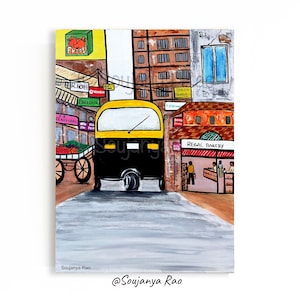 May include: An acrylic painting of a city street scene featuring a yellow and black auto rickshaw. Buildings with shops and signs line the street, including a bakery and a fruit stand. The artist's name and social media handle are in the bottom corners.