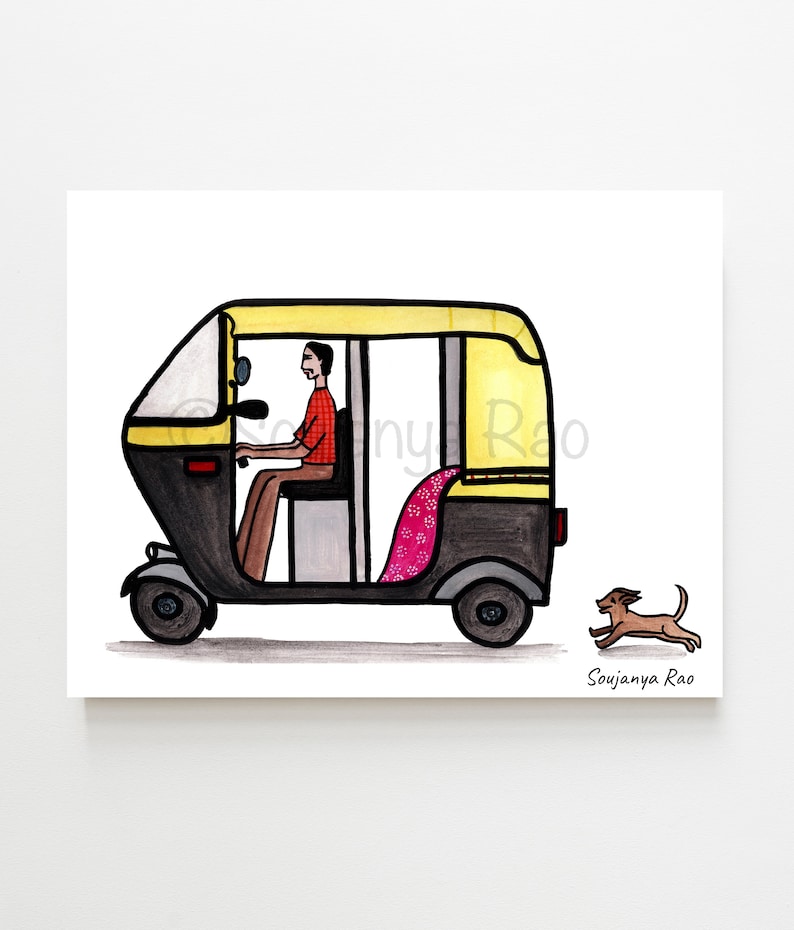 Auto Rickshaw, Indian Auto Rickshaw, Auto Rickshaw illustration, Rickshaw, Tuk Tuk, Indian art, Indian painting, Quirky indian art image 1