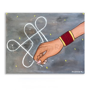May include: Acrylic painting of a hand with red bangles drawing a white design on a gray background. The hand is brown-skinned, and the bangles are red and gold. The artist's name, Soujanya Rao, is in the bottom right corner.