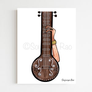 Indian Art, Saraswati Veena Sitar, South Indian Musical instruments, Musical instrument, indian painting,Music art print, Indian wall art