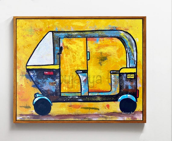 Auto Rickshaw Acrylic Painting, Abstract Indian Art (16x20)