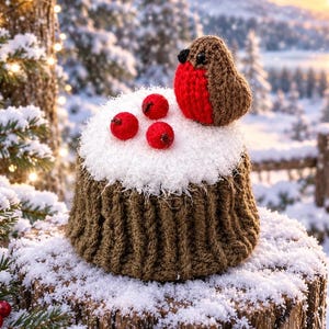 Könnte beinhalten: Ein brauner, gehäkelter Teewärmer mit einer strukturierten Rippbasis, einer oberen Schicht aus weißem, flauschigem Garn, das an Schnee erinnert, und drei kleinen roten Beeren. Ein kleines gehäkeltes Rotkehlchen mit braunem Körper und roter Brust.
