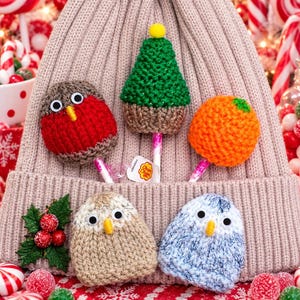 May include: A beige knit beanie with a faux fur pom-pom, decorated with five crocheted ornaments: a red robin, a green Christmas tree, an orange sphere, a tan owl, and a blue owl. Three lollipops are tucked into the ribbed cuff of the hat.