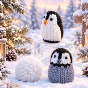 Op de afbeelding: Twee kleine, handgebreide pinguïnfiguurtjes en een witte wollen pompon. De bovenste pinguïn is zwart-wit met een oranje snavel, terwijl de onderste pinguïn zwart, wit en grijs is. Beide hebben zwarte kraaloogjes en een gebreide textuur.