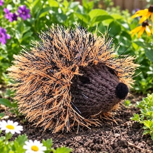 Op de afbeelding: Een pluche egelknuffel met een donkerbruin gebreid gezicht, een zwarte neus en ogen, bedekt met een stekelige, textuurrijke vacht van beige en zwarte synthetische vezels die de stekels nabootsen voor een realistische dierlijke vorm.