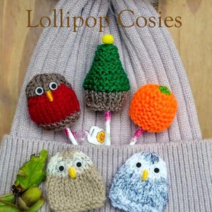 May include: A lilac knitted hat with a faux fur bobble, decorated with four crocheted lollipop covers. The covers are shaped like a robin, a Christmas tree, an orange, and two owls. The text "Lollipop Cosies" is displayed.