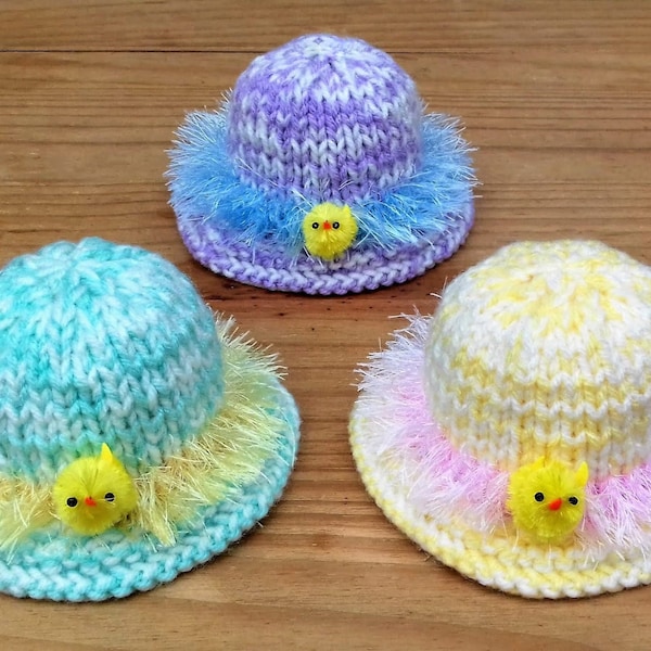 Easter Bonnets Chocolate Orange Cover Knitting Pattern, Easter Knitting Patterns, Easter Chick, Knitted Easter Decorations, Cosy Holder Gift