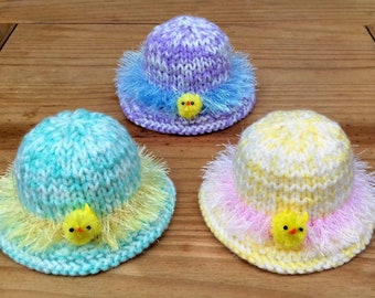 Easter Bonnets Chocolate Orange Cover Knitting Pattern, Easter Knitting Patterns, Easter Chick, Knitted Easter Decorations, Cosy Holder Gift