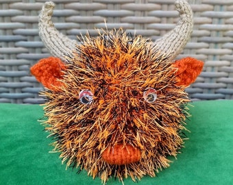 Highland Cow Chocolate Orange Cover Knitting Pattern, Christmas Knitting Patterns Toys, Easter Knitting Pattern, Hogmanay Knitted Bull Cosy