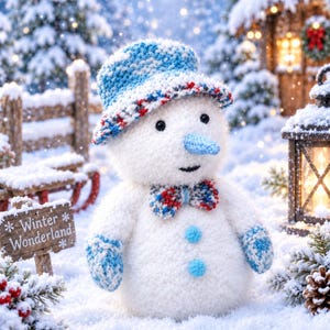 May include: A white crocheted snowman figurine wearing a blue and white speckled hat, a matching bowtie, and blue mittens. The snowman has two blue buttons on its chest and a blue carrot-shaped nose. A wooden sign nearby reads Winter Wonderland.