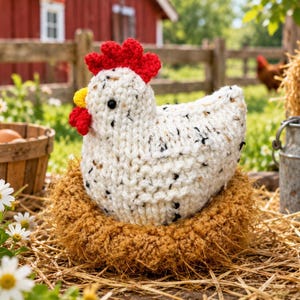 May include: A hand-knitted chicken figurine featuring a cream-colored body with black speckles, a bright red comb and wattle, and a yellow beak. The chicken is nestled inside a textured, golden-brown circular nest made of soft yarn.