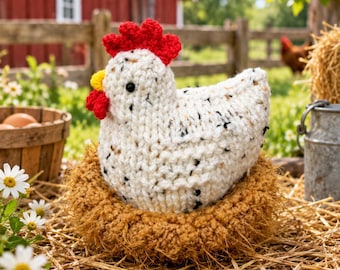May include: A white speckled knit chicken toy with a bright red comb and wattle and a yellow beak, sitting inside a textured brown yarn nest. The chicken has black bead eyes and is crafted with a chunky yarn texture throughout its body.