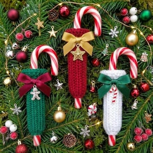 PDF KNITTING PATTERN Umbrella Candy Cane Covers, Christmas Knitting Patterns, Knitted Christmas Tree Decorations, Santa Treat Holders