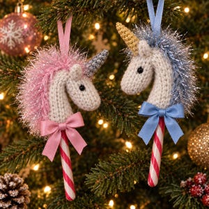 PDF KNITTING PATTERN Unicorn Candy Cane Covers, Christmas Knitting Patterns Toys, Christmas Tree Decorations, Knitted Table / Party Favours