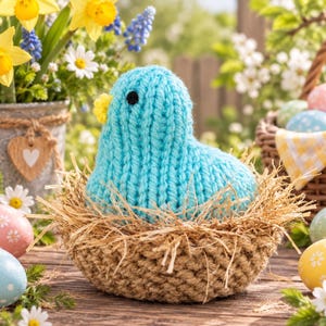 May include: A light blue knitted bird figurine with a small yellow beak and black eye, nestled inside a round woven straw nest. The bird has a textured, ribbed knit pattern and is positioned on a wooden surface with colorful decorative eggs.