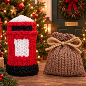 Op de afbeelding: Een rood, wit en zwart gehaakte brievenbusovertrek in een cilindrische vorm en een bruin gehaakt buideltje met trekkoord, vastgebonden met een beige touw van jute. Beide items hebben een gestructureerd breipatroon en zijn decoratief.