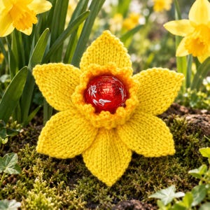 May include: A bright yellow knitted daffodil flower featuring a central ruffled petal section that holds a round red chocolate candy wrapped in foil with white floral patterns, showcasing a textured yarn construction and vibrant colour.