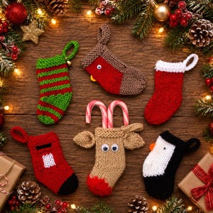 May include: A collection of five small, hand-knitted Christmas stockings featuring various designs: a green and red striped stocking, a brown robin with a red chest, a solid red stocking, a tan reindeer with candy canes, and a black and white penguin.